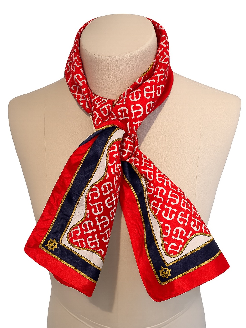 Vintage Nautical Anchor Scarf Red Navy Gold Oblong Coastal Preppy